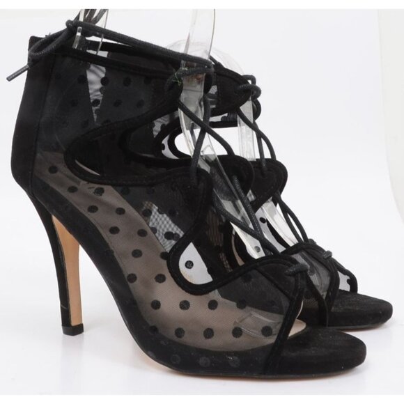 Torrid Women 8 WIDE Width Black Polka Dot Mesh Lace Up Open Toe Gothic Heels - Picture 2 of 10